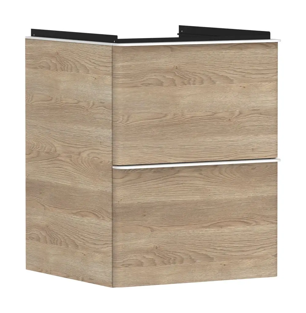 Holzfarbener Waschtischunterschrank von Hansgrohe mit zwei Schubkästen, geeignet für ein Handwaschbecken, mit klaren Linien und einfacher Formgebung.